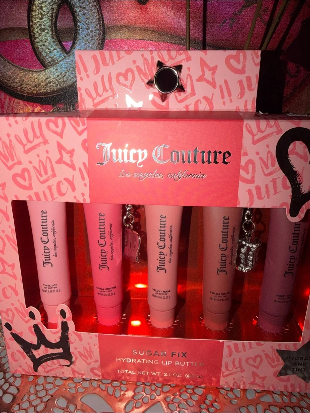 Juicy Couture Hydrating Lip Butter 5 PC Set - Pink & Nude Shades&cute charms
